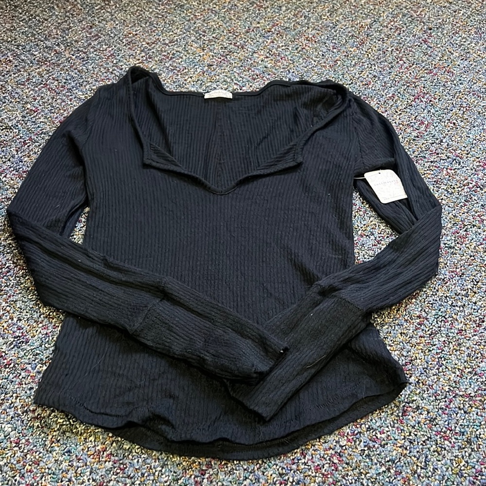 NWT Free People sheer v-neck black long sleeve top. Size M.